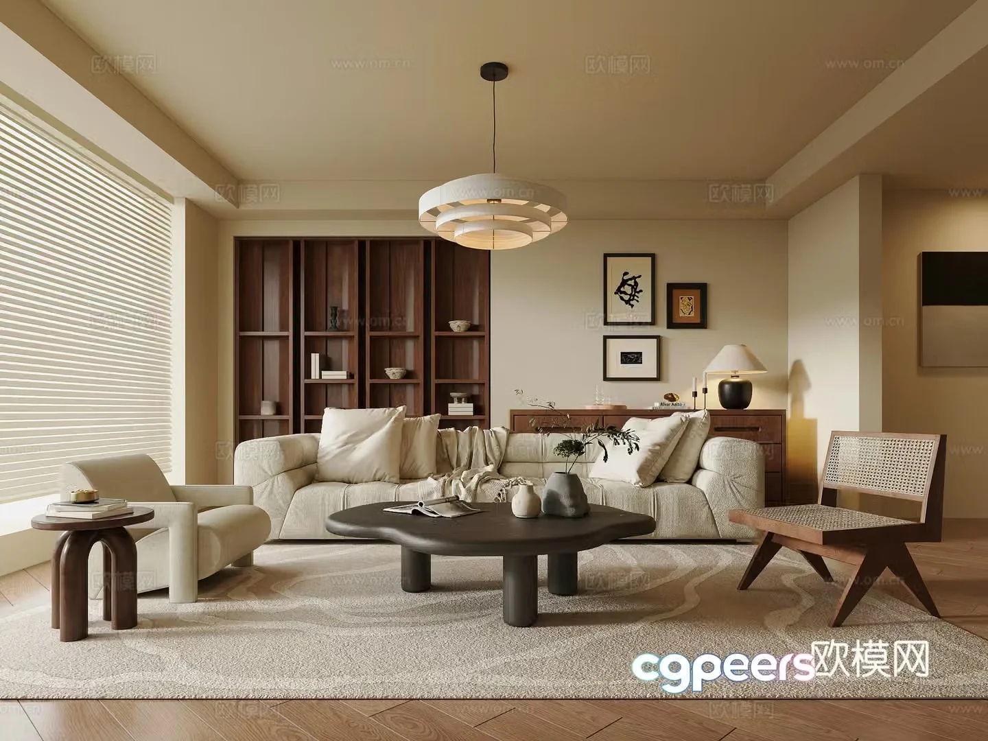 Wasabi Middle Style Home Living Room Small Living Room Fabric Sofa Tea Table Combination Solid Wood Coffee Table 3D Model