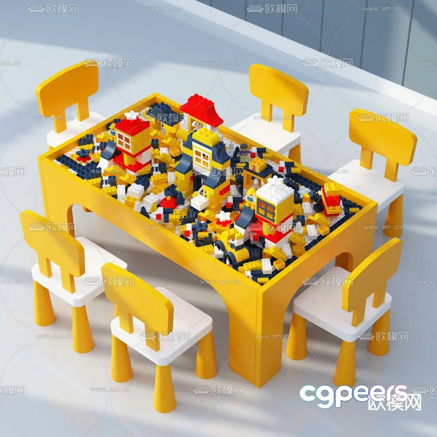 Nordic style yellow children’s building blocks table and chairs 3D model