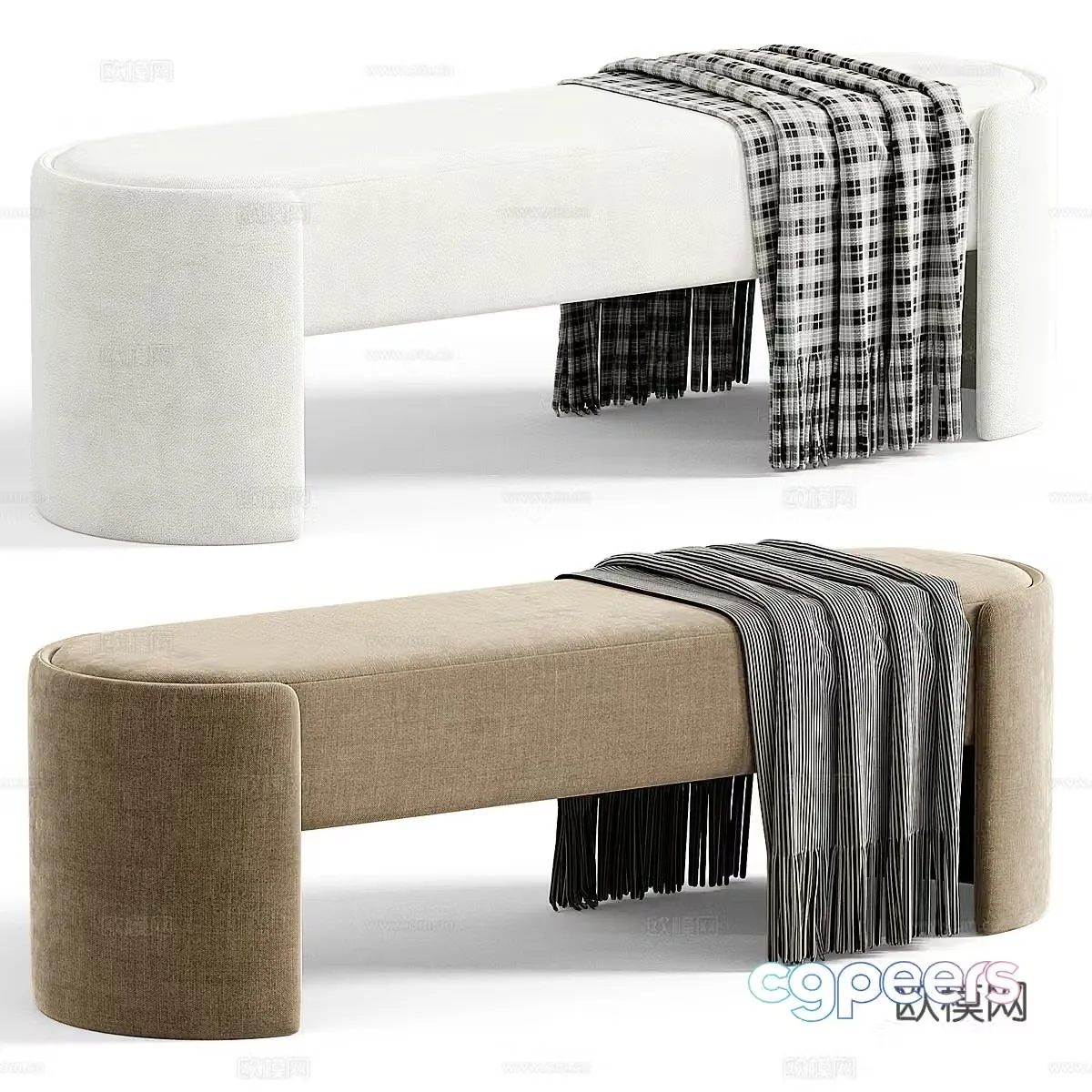 Modern Italian cream style fabric bench strip stool tail stool 3D model