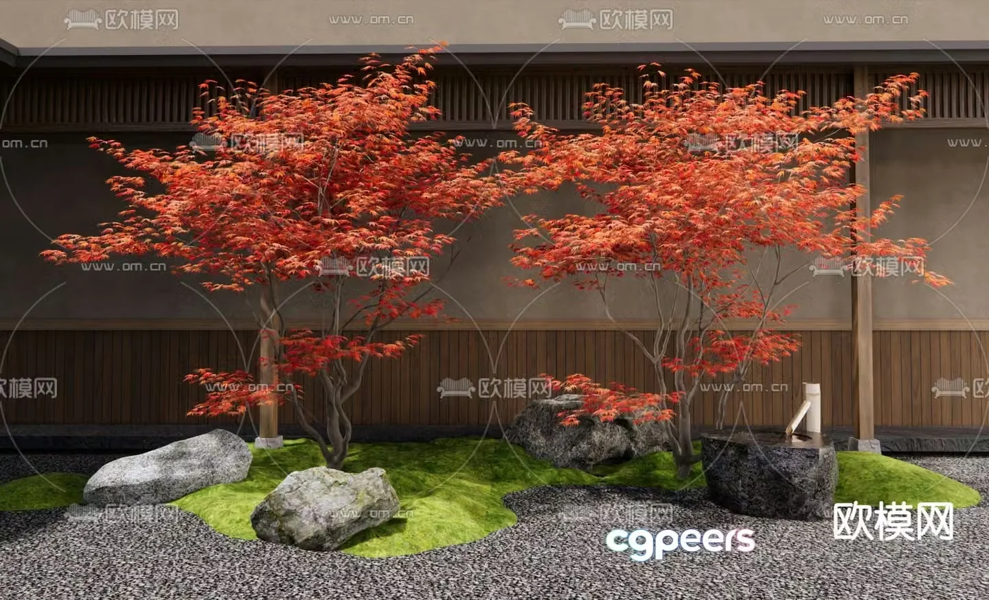 Courtyard landscape red maple landscape 3d model