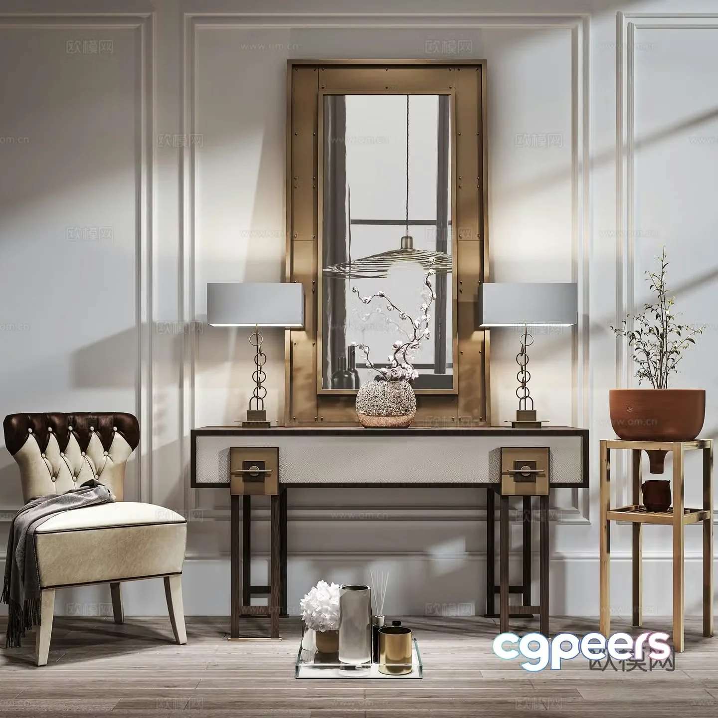 New Chinese style decorative cabinet porch cabinet decoration desk lamp combination 3D model