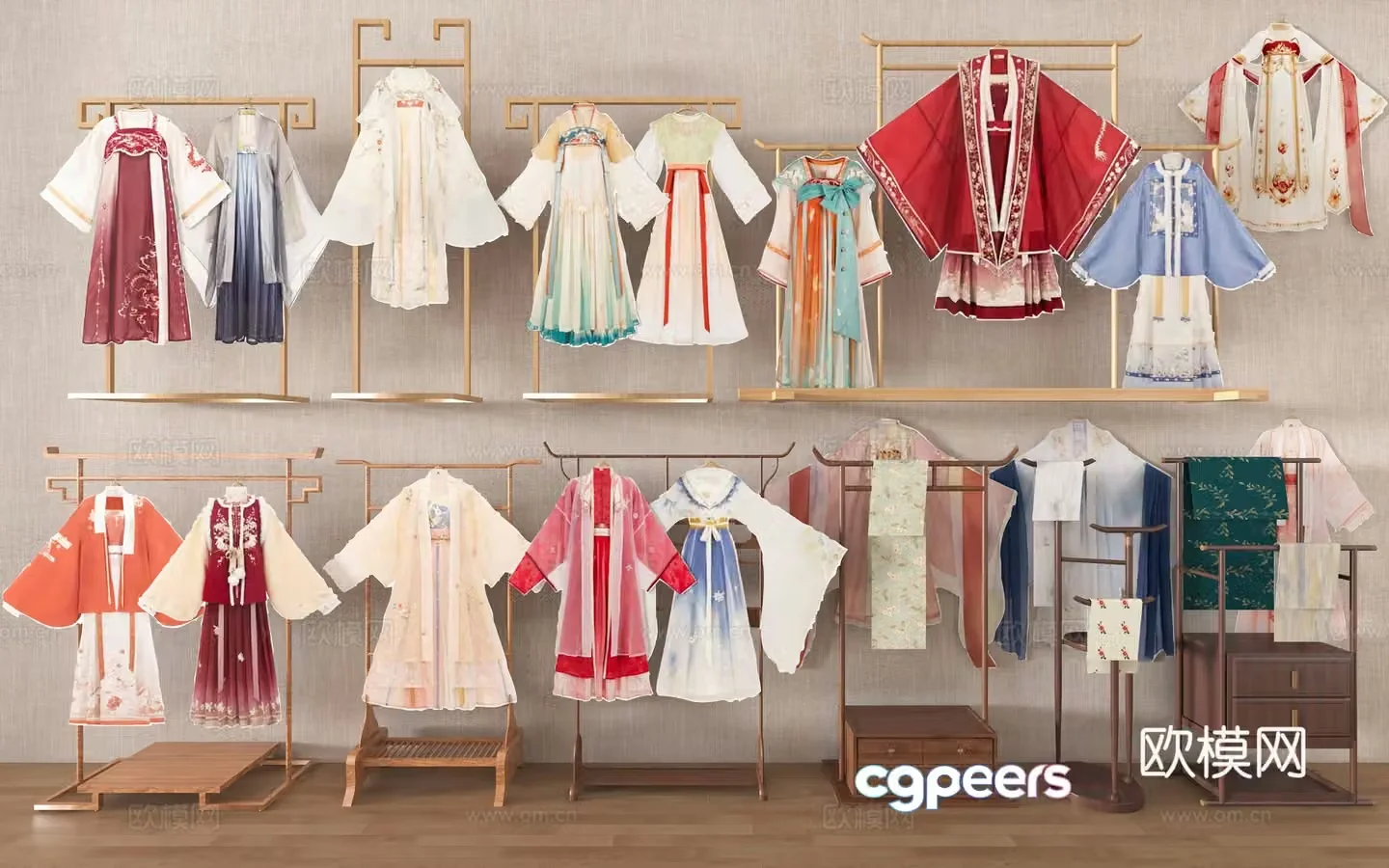 Hanfu display clothes hanger clothes rack clothes hanger Chinese style Hanfu Pavilion beauty Hanfu Tang costume ancient costume 3D model