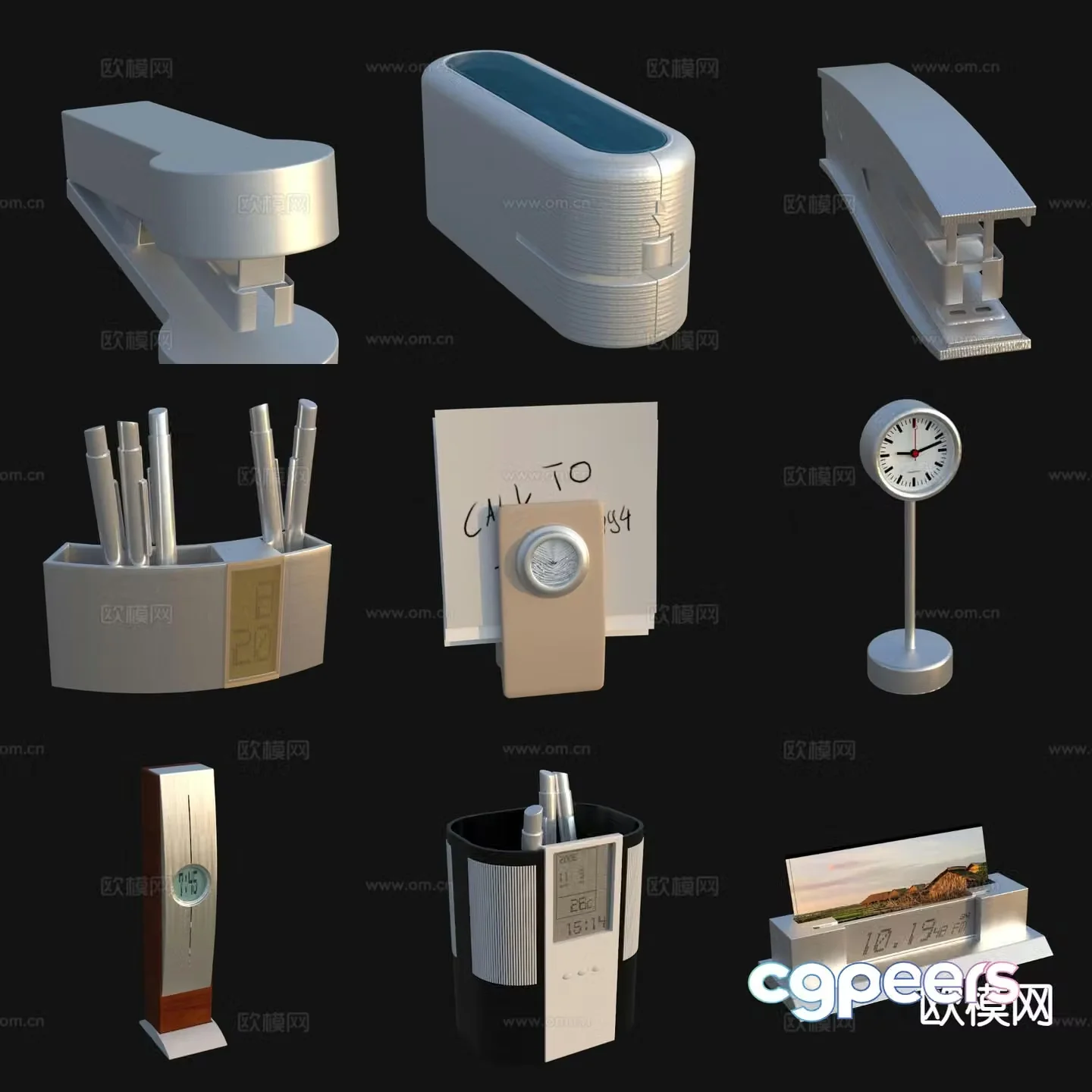 Office supplies note paper and pen stapler clock 3d model