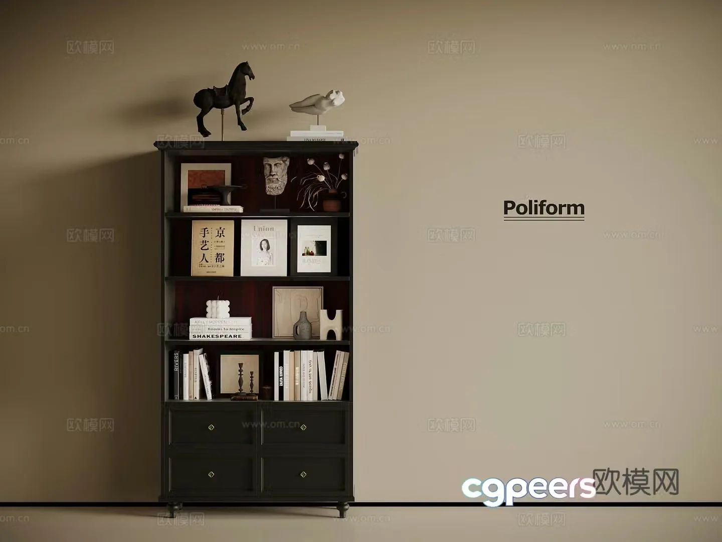 French retro bookcase high cabinet 3d model