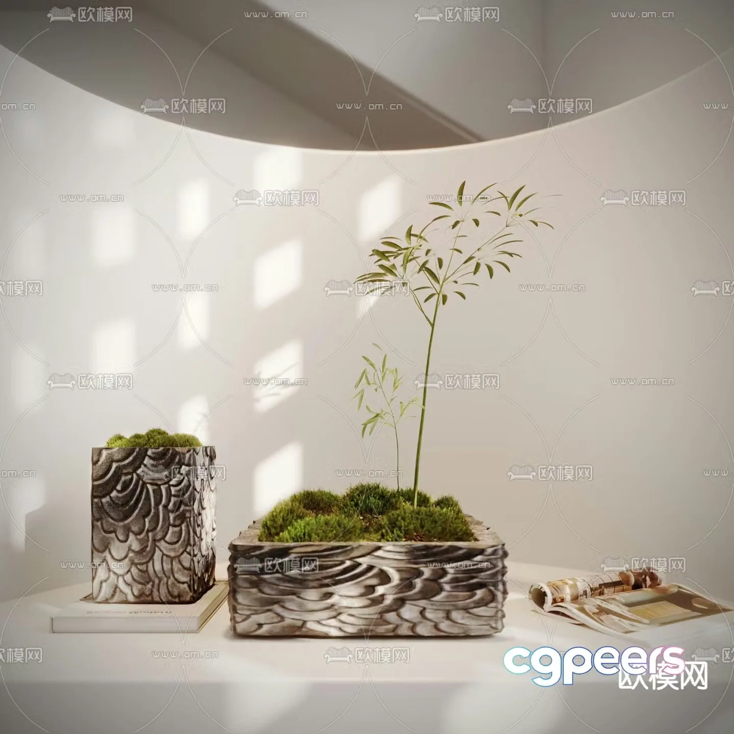 New Chinese style moss sketch potted plant 3d model
