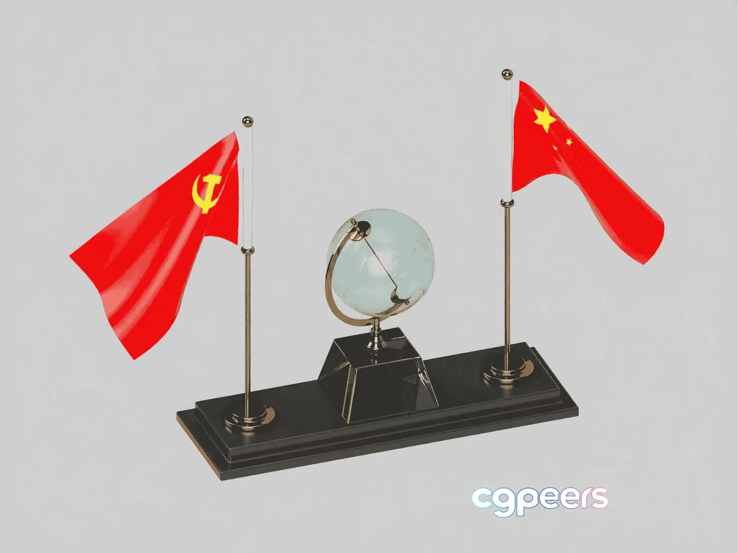 A Table With A Glass Globe And Two Flags 3D Model – 15775 – VRAY Render