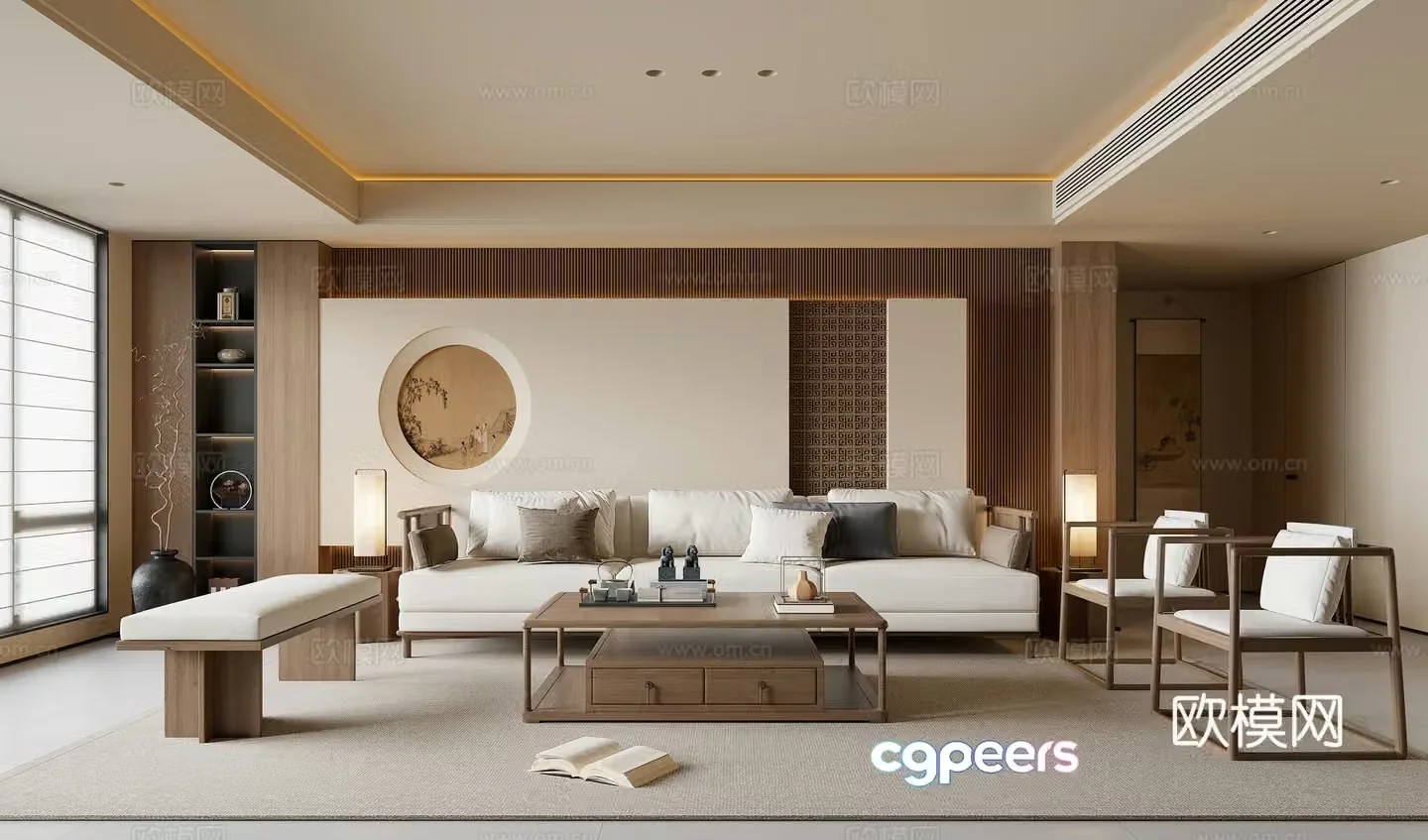 New Chinese living room Song style living room Sofa coffee table Desk and chair Sofa background Hanging paintings Table lamp 3D model
