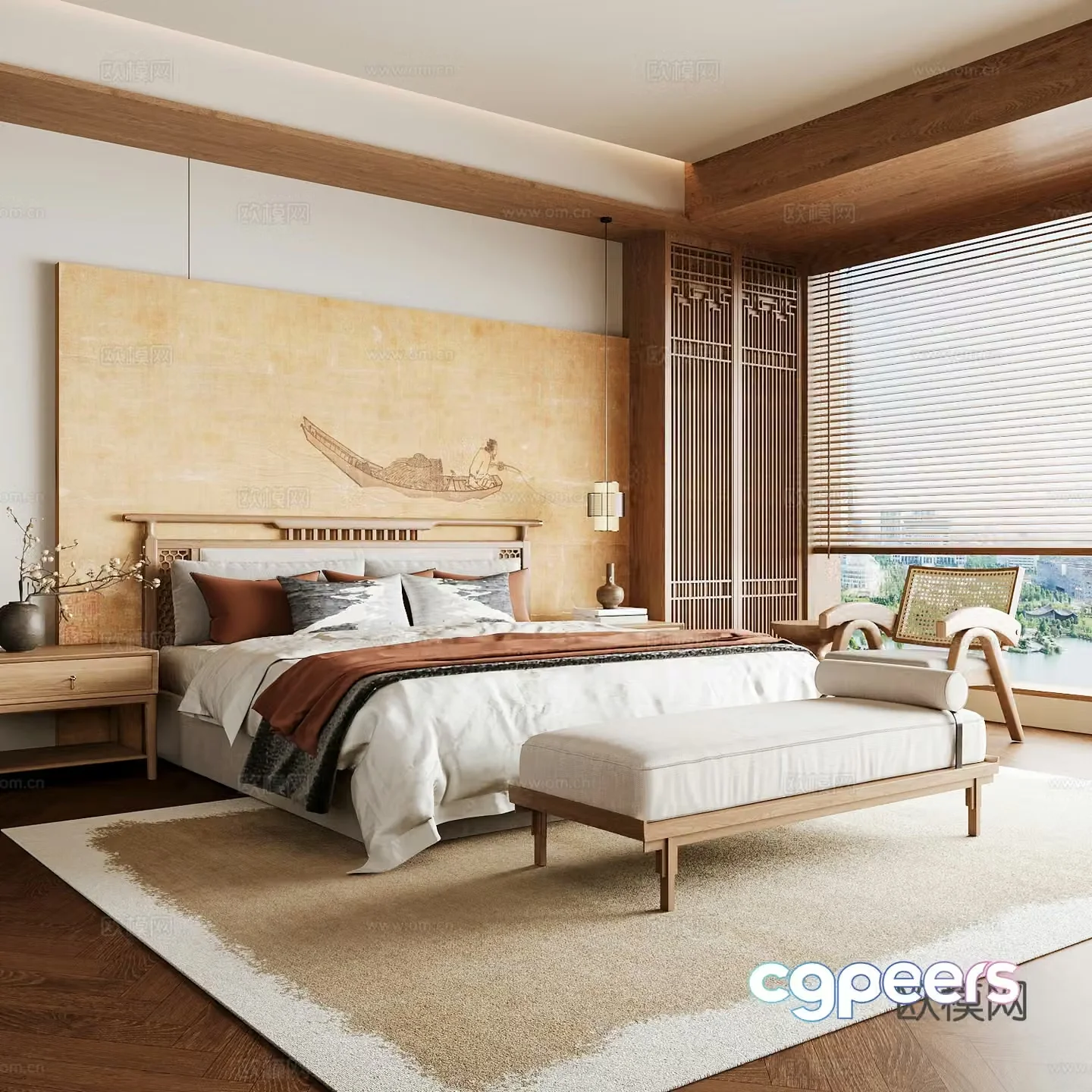 New Chinese style home bedroom Song family aesthetic bedroom Song style bedroom New Chinese style double bed New Chinese 3D model