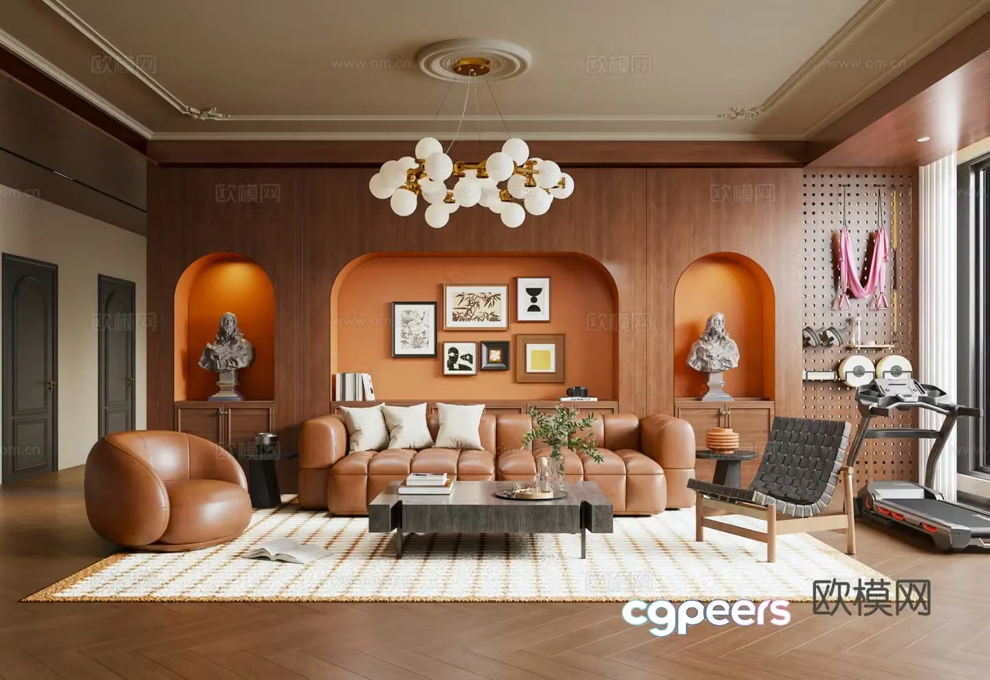 French medieval style living room chandelier carving background wall treadmill sofa coffee table combination 3D model