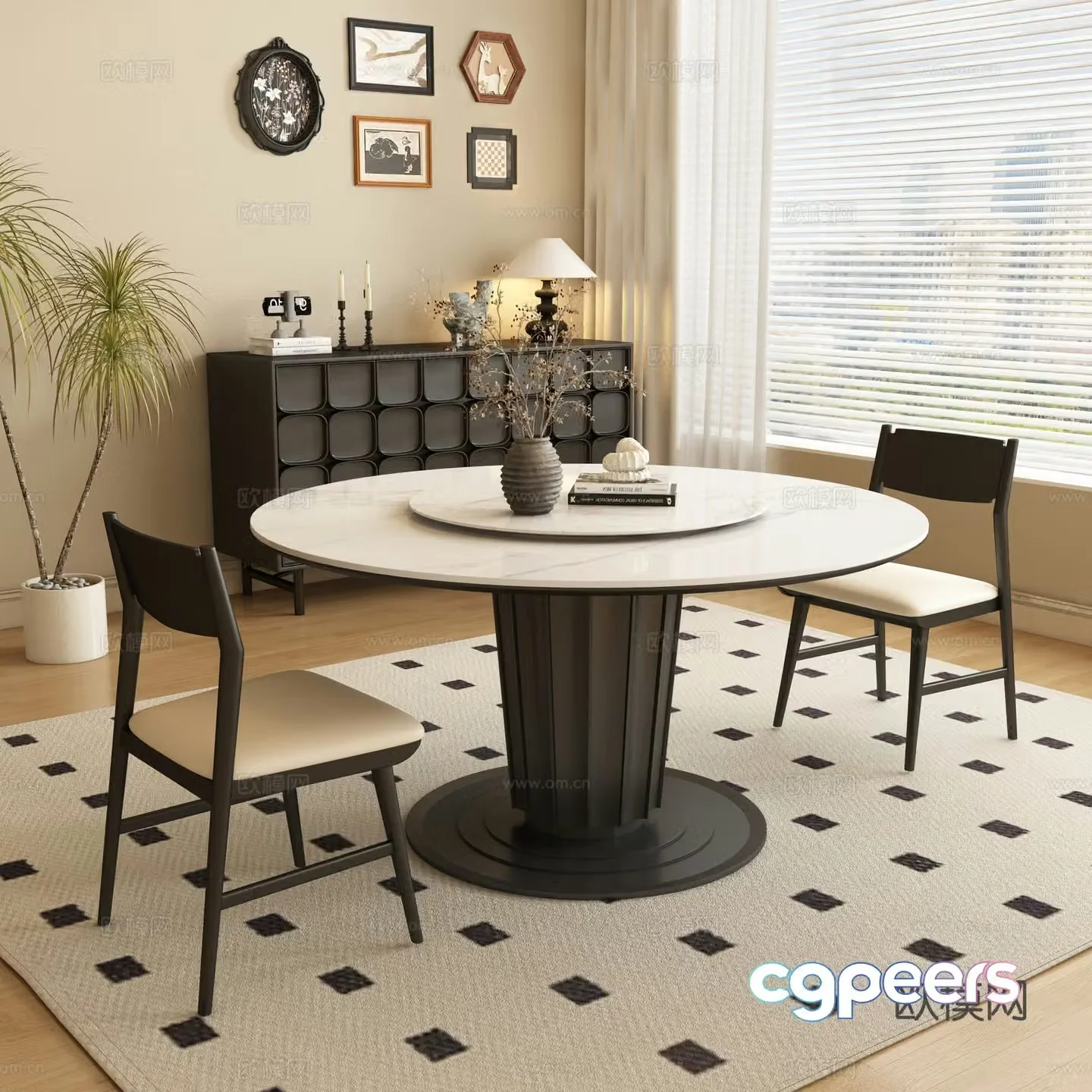 Medieval style round dining table and chairs 3d model