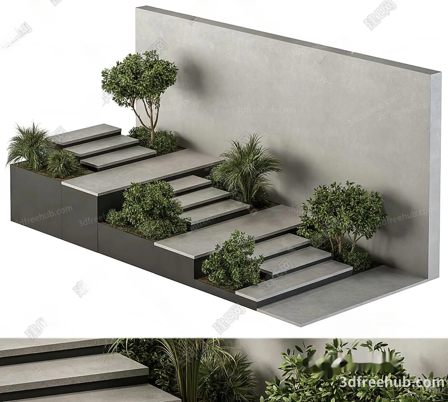 A 3D Rendering Of A Staircase With Plants 3D Model – 19869 – VRAY Render