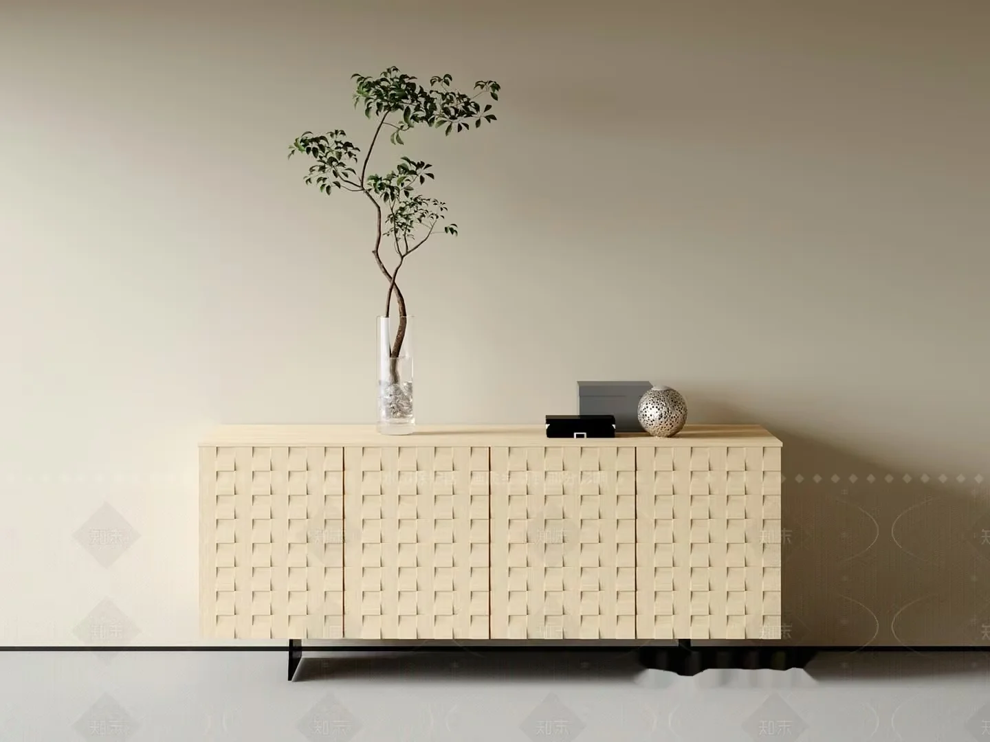 The Main Subject Is A Cream-Colored Cabinet With A Woven Design 3D Model – 6155 – VRAY Render