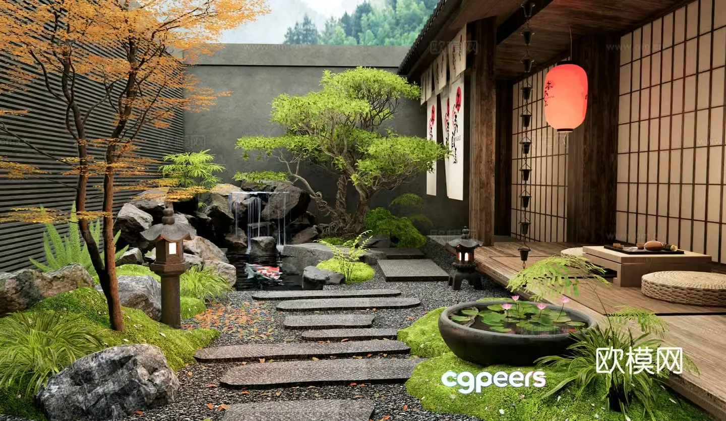 Japanese Zen courtyard landscape rockery bluestone bryophyte water bowl rain chain 3D model