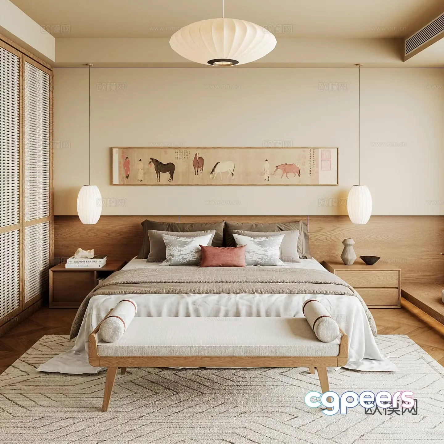 New Chinese style home bedroom Song family aesthetic bedroom Song style bedroom New Chinese style double bed New Chinese 3D model