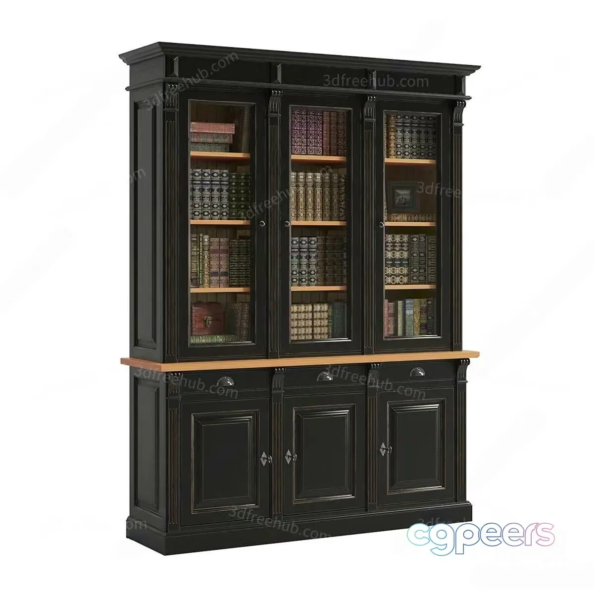 A Large Bookcase With Glass Doors 3D Model – 3100 – VRAY Render
