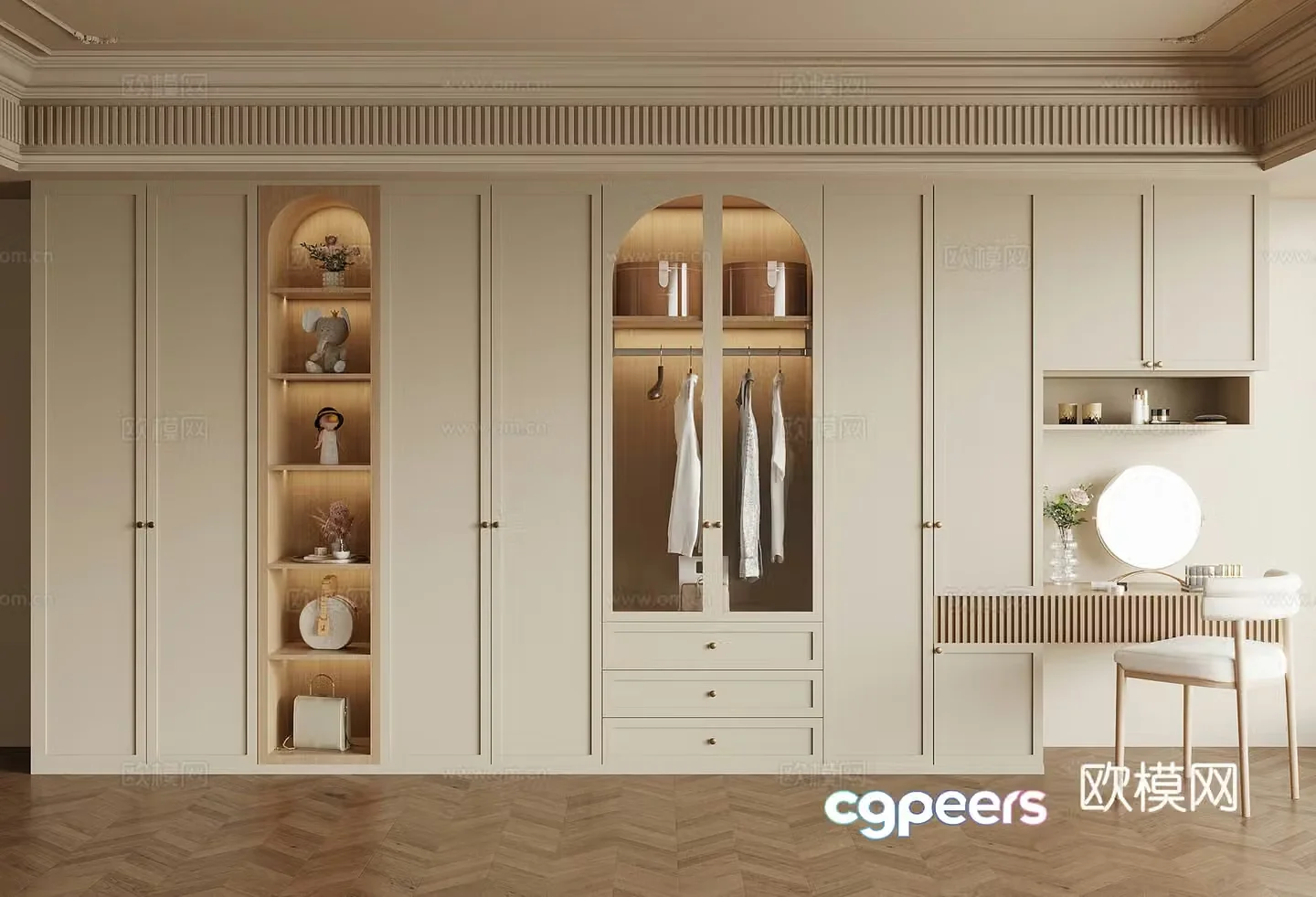 20 wardrobe French cream trench wardrobe dressing table dressing chair 3d model