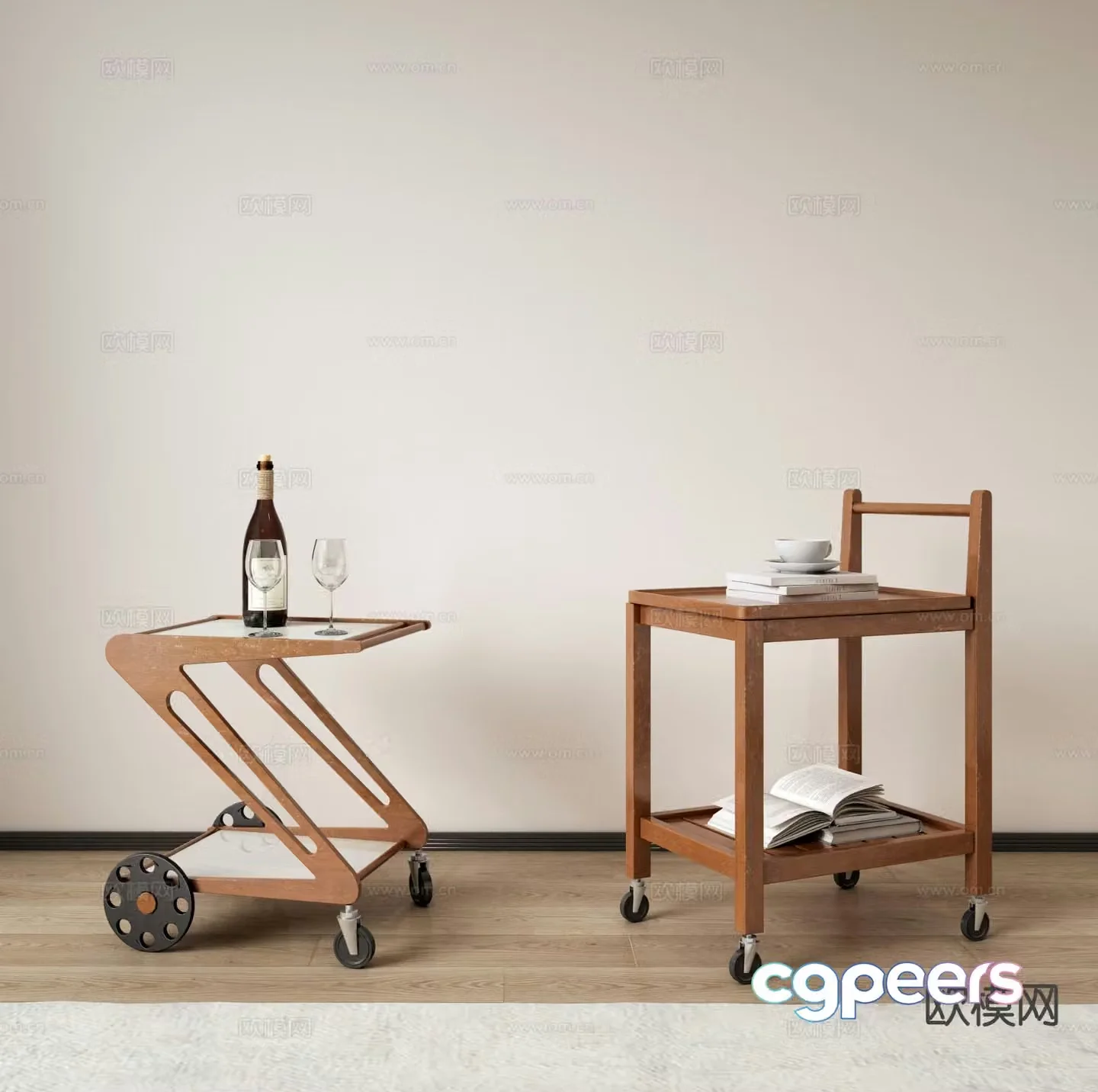 Medieval style side table wooden side table storage cart mobile cart 3D model