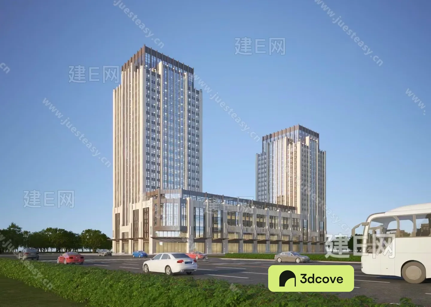 A Tall Building With A Bus In Front Of It