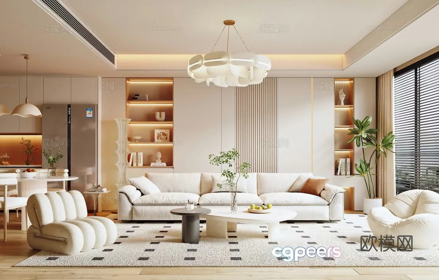 Modern creamy restaurant sofa background wall sofa coffee table combination chandelier dining table chair dining 3d model