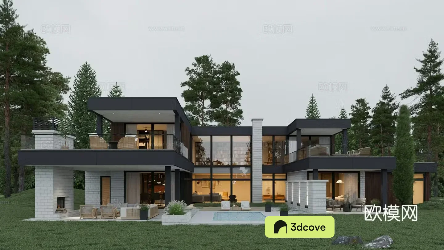 Modern villa building exterior Modern single-family villa night view