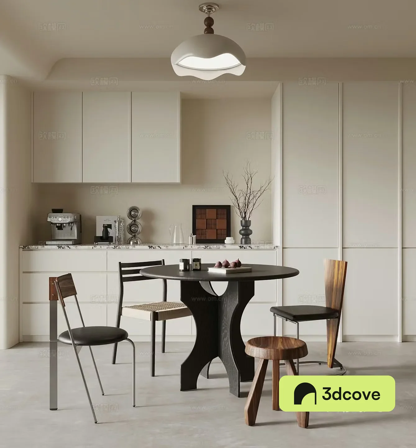 Middle-aged restaurant dining table and chairs wine cabinet 3d model