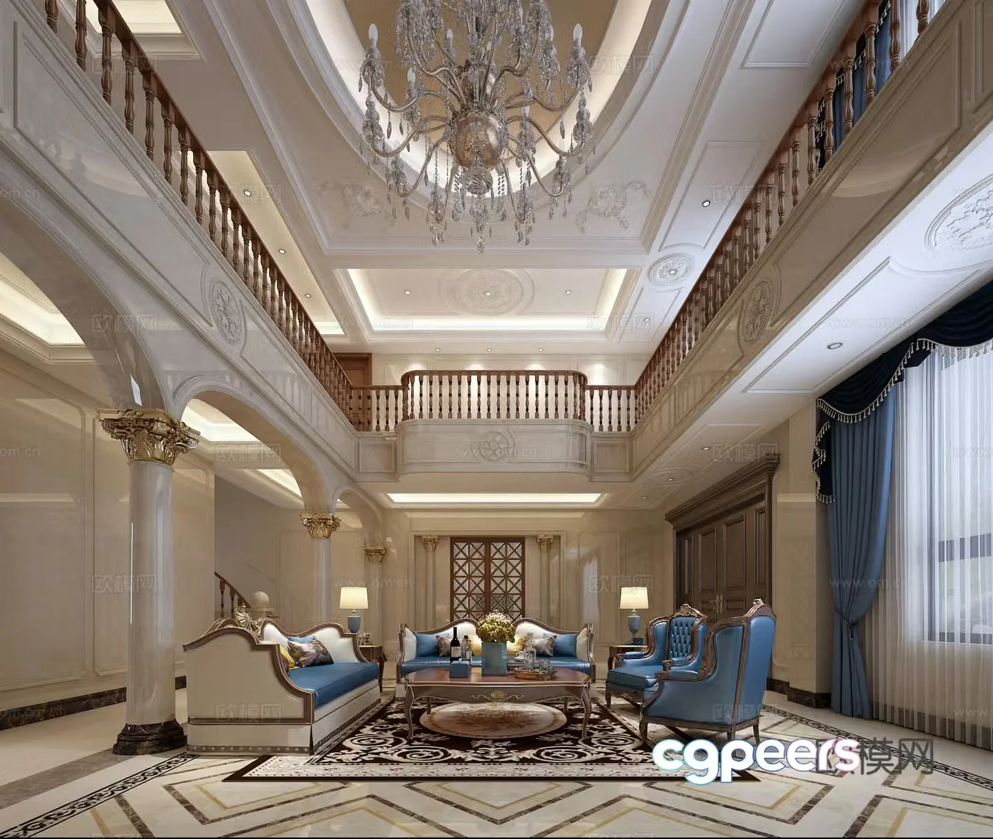 European classical European living room sofa Roman column chandeliers railing curtains carpet 3d model