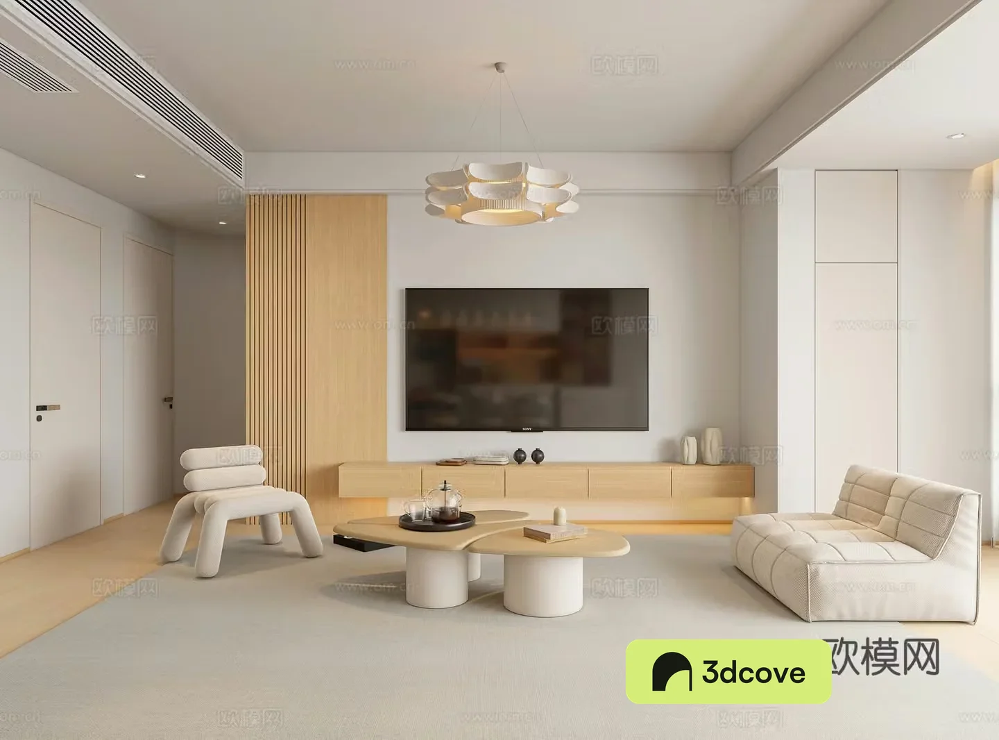 Modern living room Creamy living room TV background wall TV cabinet Nordic log style