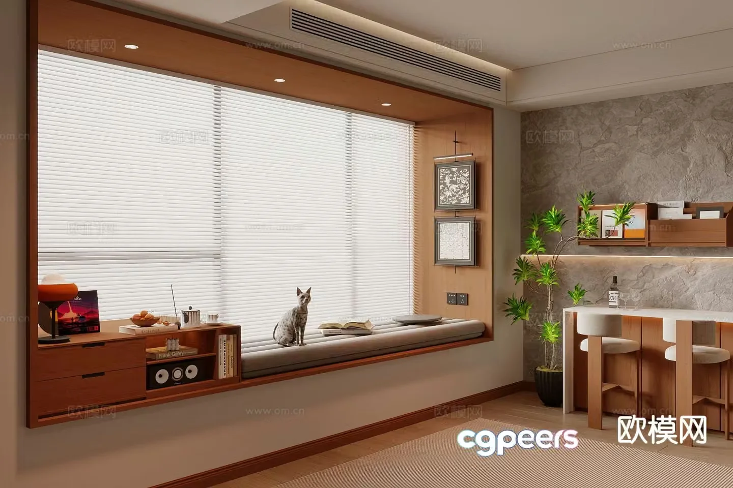 Middle-aged bay window sill bay window cabinet 3D model
