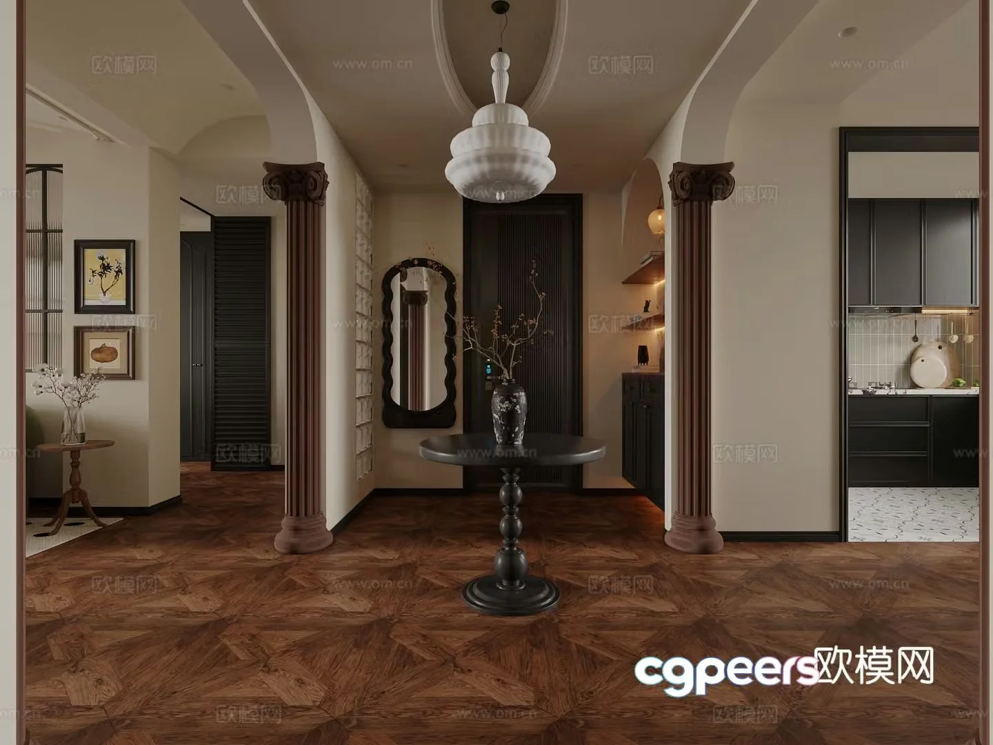 French entrance hall aisle Roman column ceiling porch shoe cabinet porch case 3D model