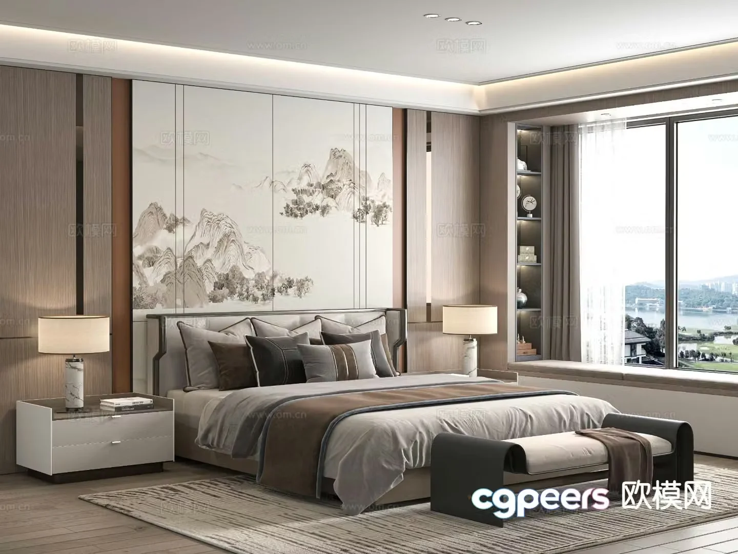 New Chinese style double bed 3d model