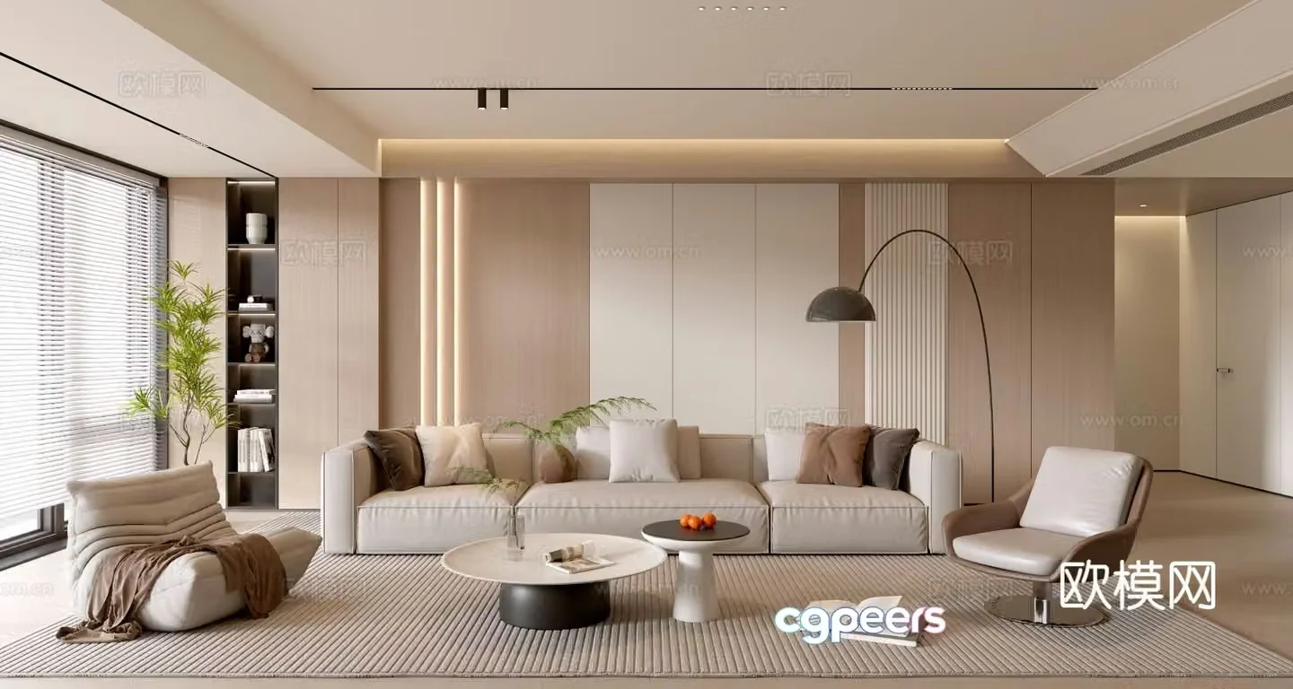 Creamy living room coffee table sofa background wall 3d model