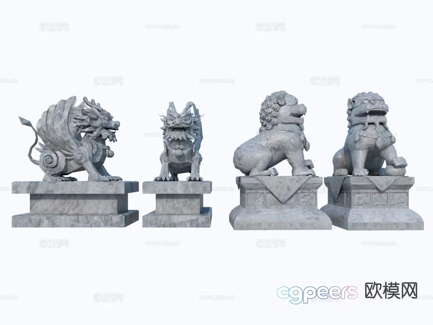 Chinese style stone lion unicorn sculpture 3d model