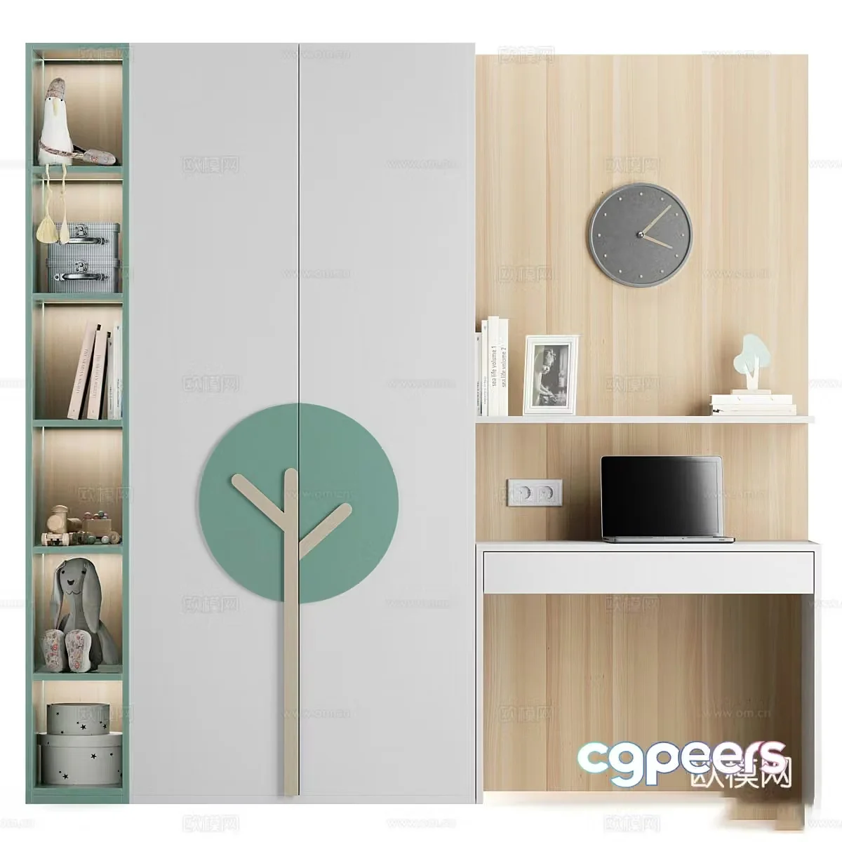 Modern Nordic children’s bookcase wardrobe combination 3D model