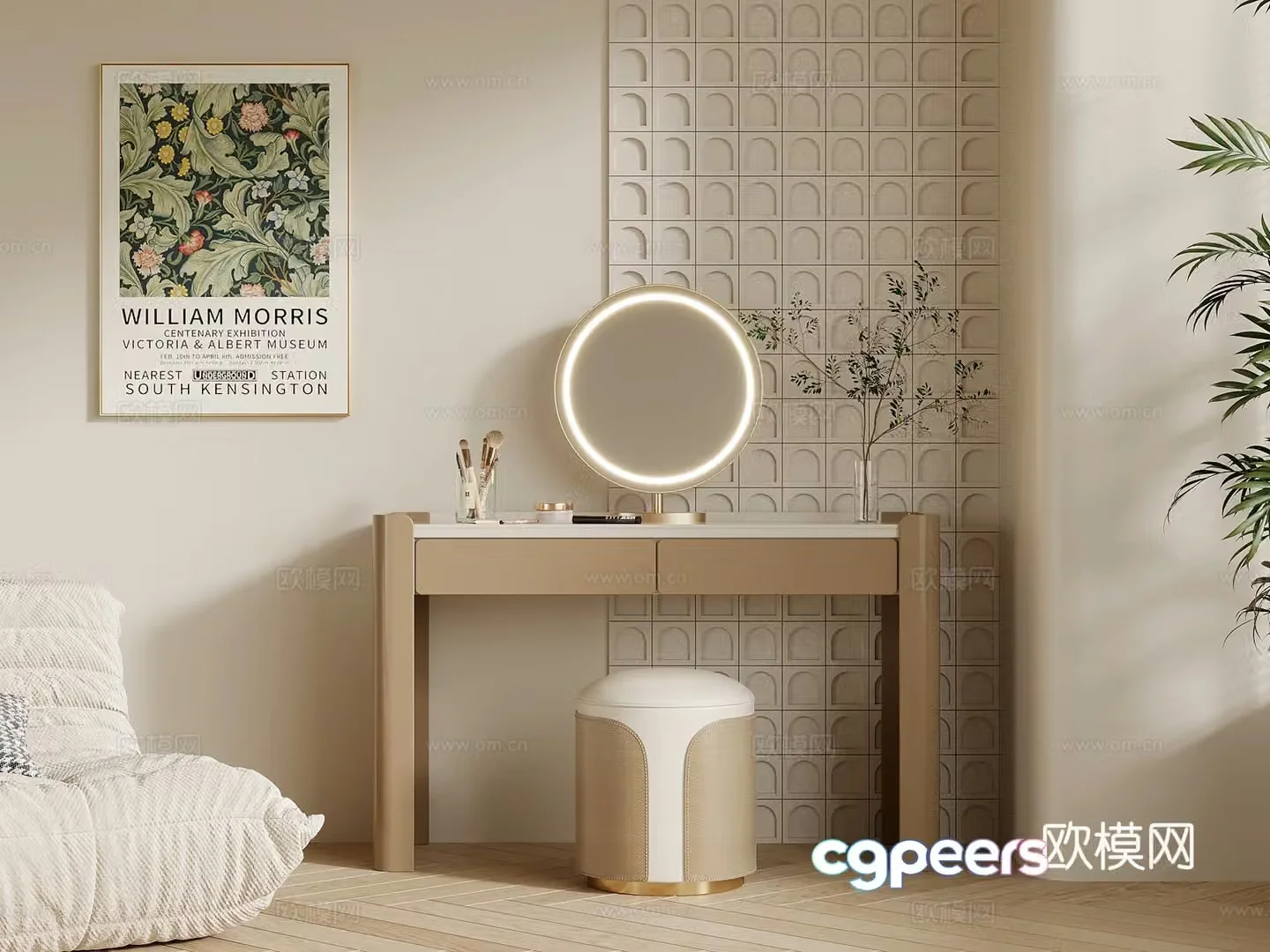 Modern cream style dressing table dressing stool lazy sofa 3d model
