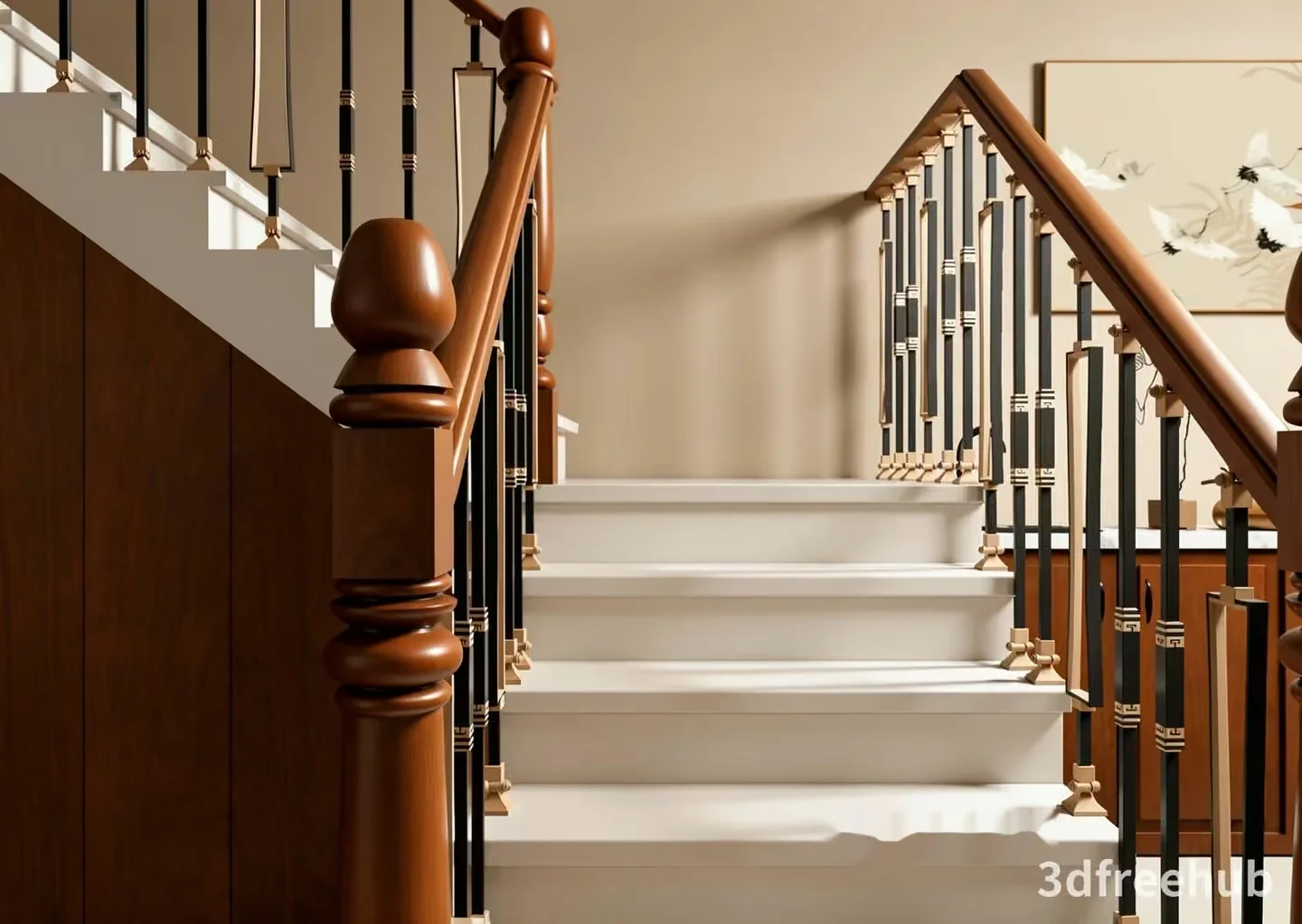 A Wooden Staircase With A Railing 3D Model – 23618 – VRAY Render
