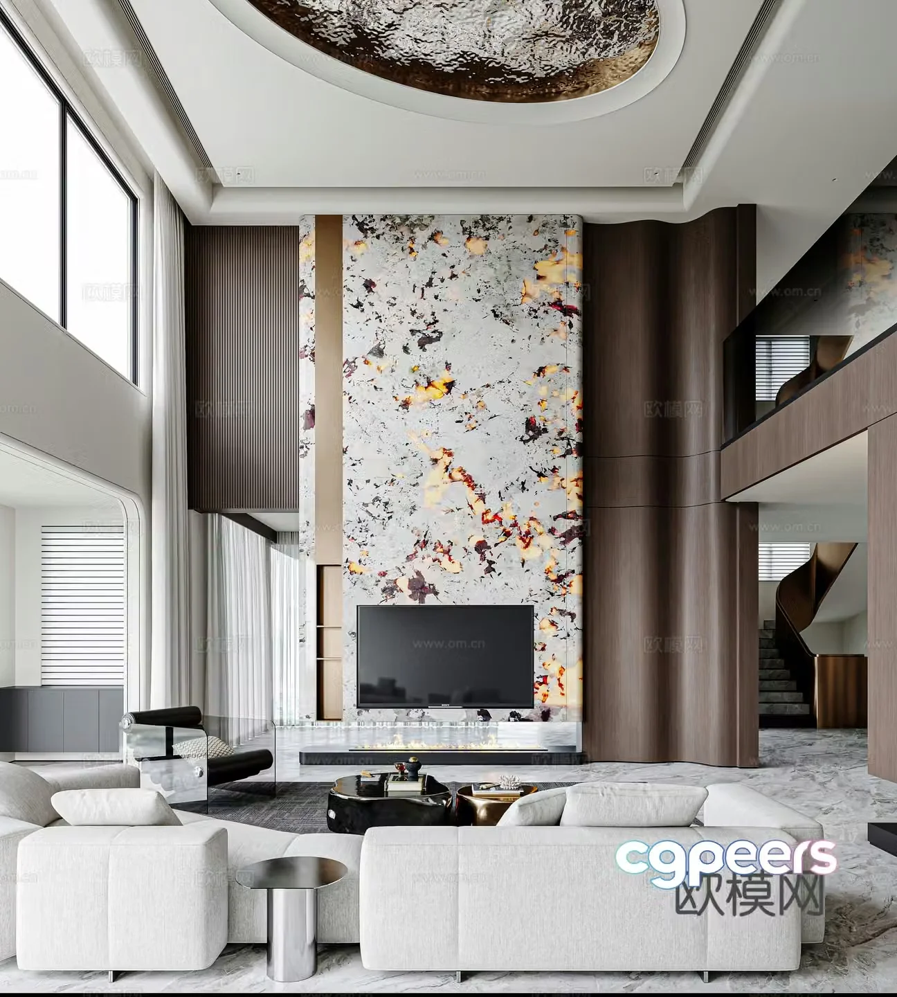 Italian light luxury villa living room empty living room high-end gray living room luminous luxury stone TV wall 3D model