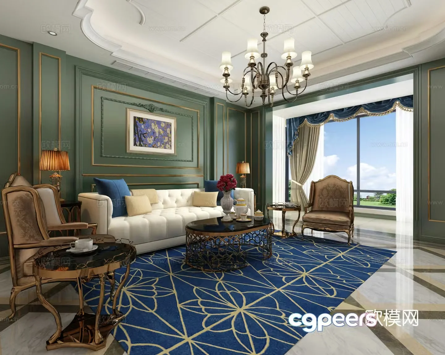 American living room sofa coffee table chandelier 3d model