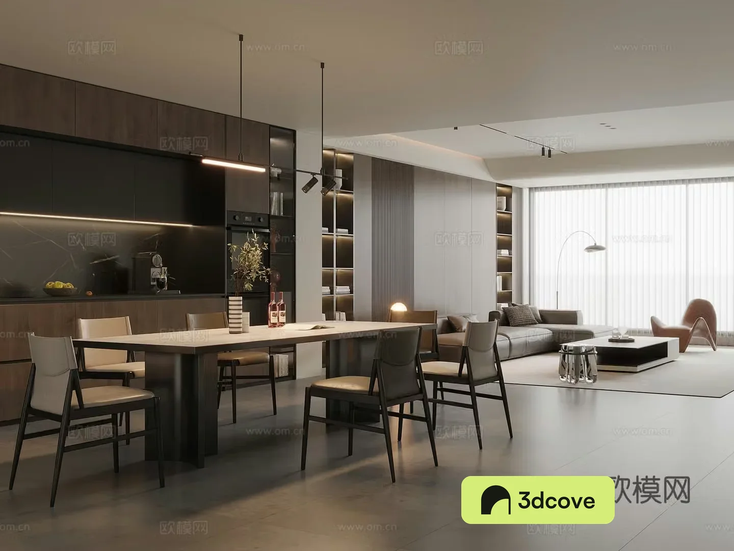 Modern Italian dining room marble dining table and chairs sideboard wine cabinet leather sofa coffee table combination