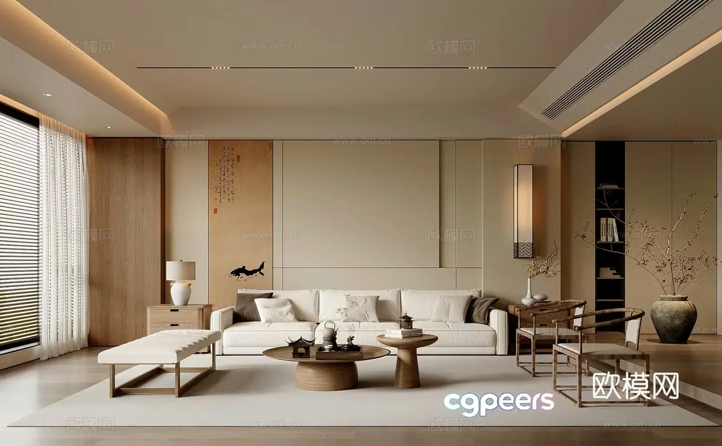 Song style living room sofa background wall sofa coffee table combination 3D model