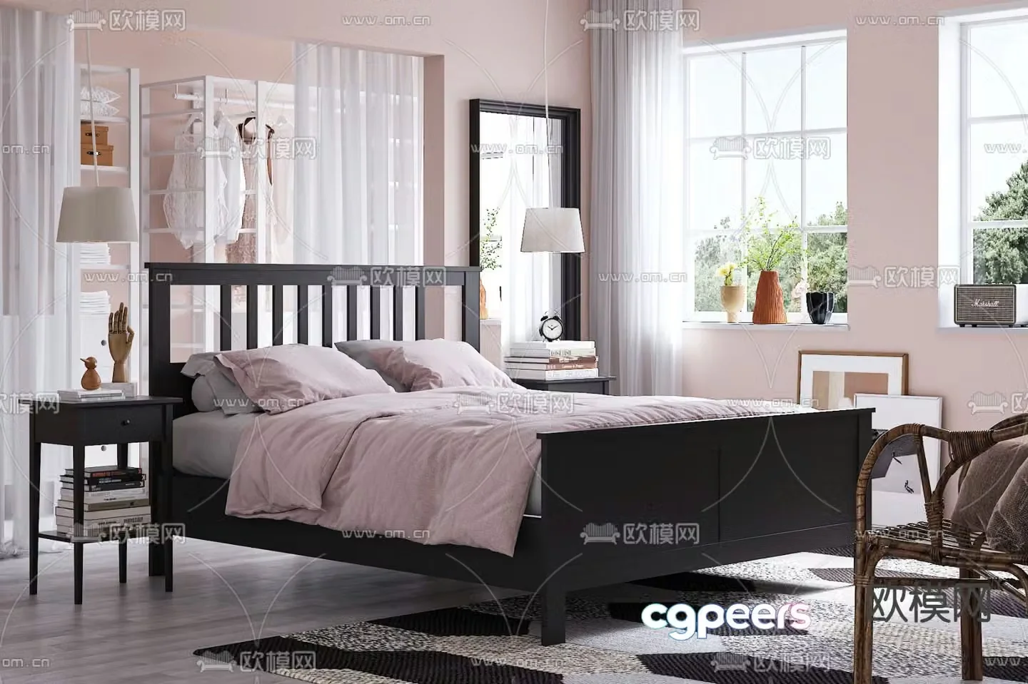 American double bed girls bed 3d model