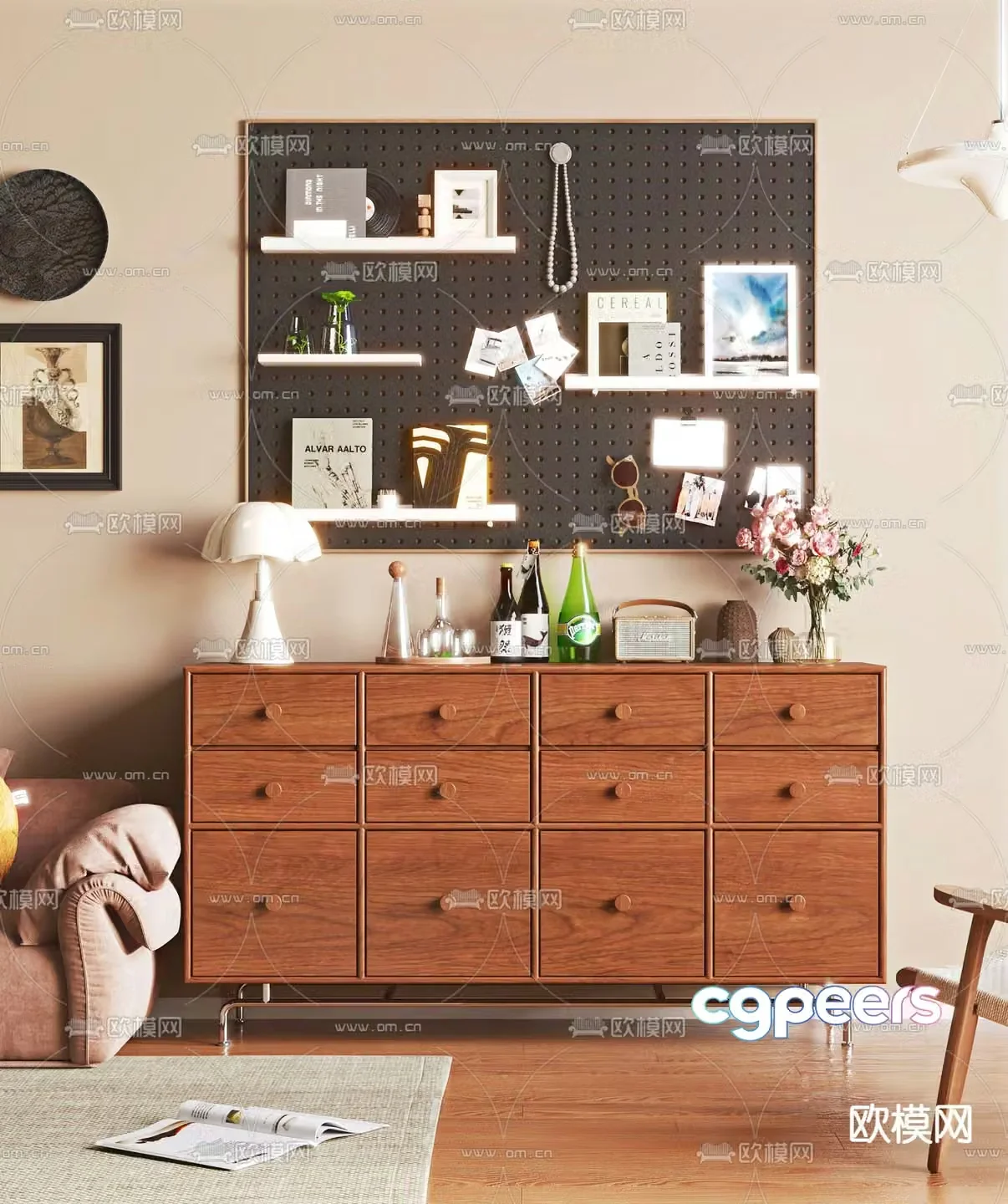 Middle-aged style chest of drawers sideboard 3D model