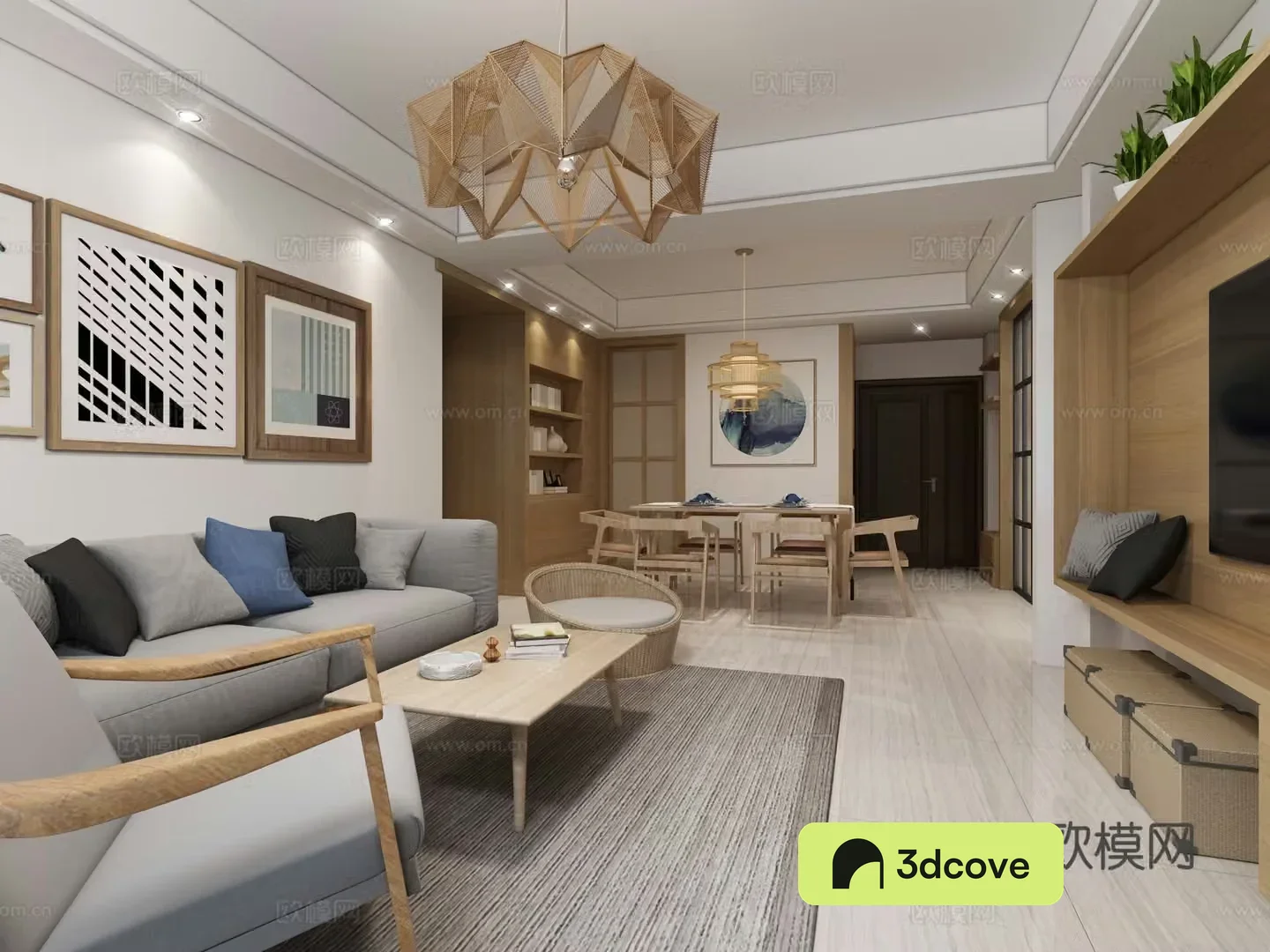 Minimalist Japanese living and dining room Japanese chandeliers Japanese dining tables and chairs Japanese base multi-person sand 3D model