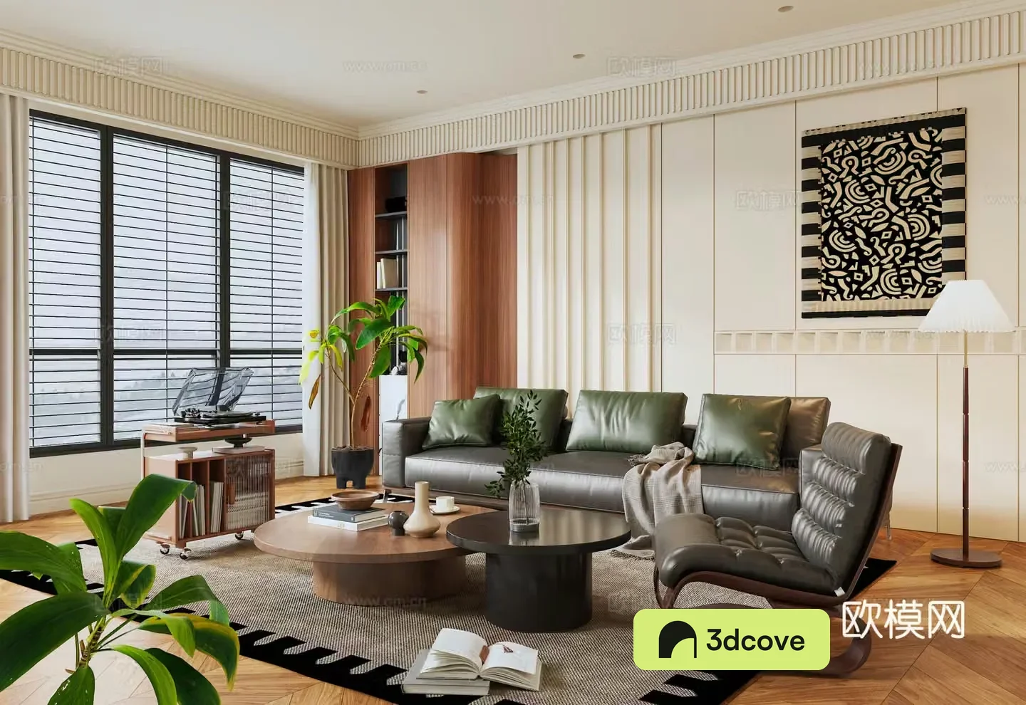Middle style living room sofa background wall sofa coffee table combination decorative painting potted green plants 3D model