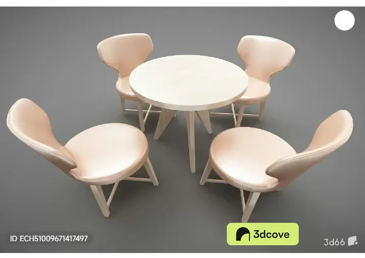 A Set Of Four Beige Chairs Surrounding A Small Table