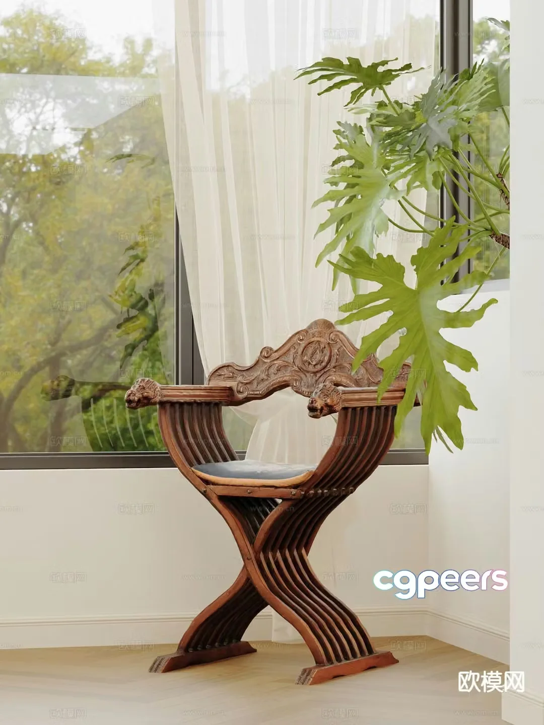 Medieval style single chair leisure chair dining chair solid wood chair 3D model