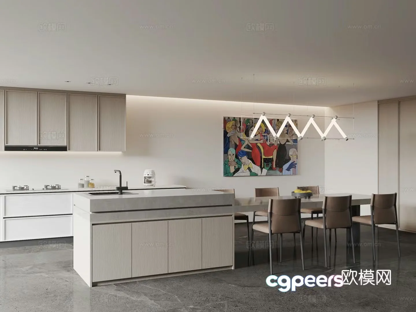 Modern minimalist island restaurant dining table and chair combination chandelier kitchen 3d model