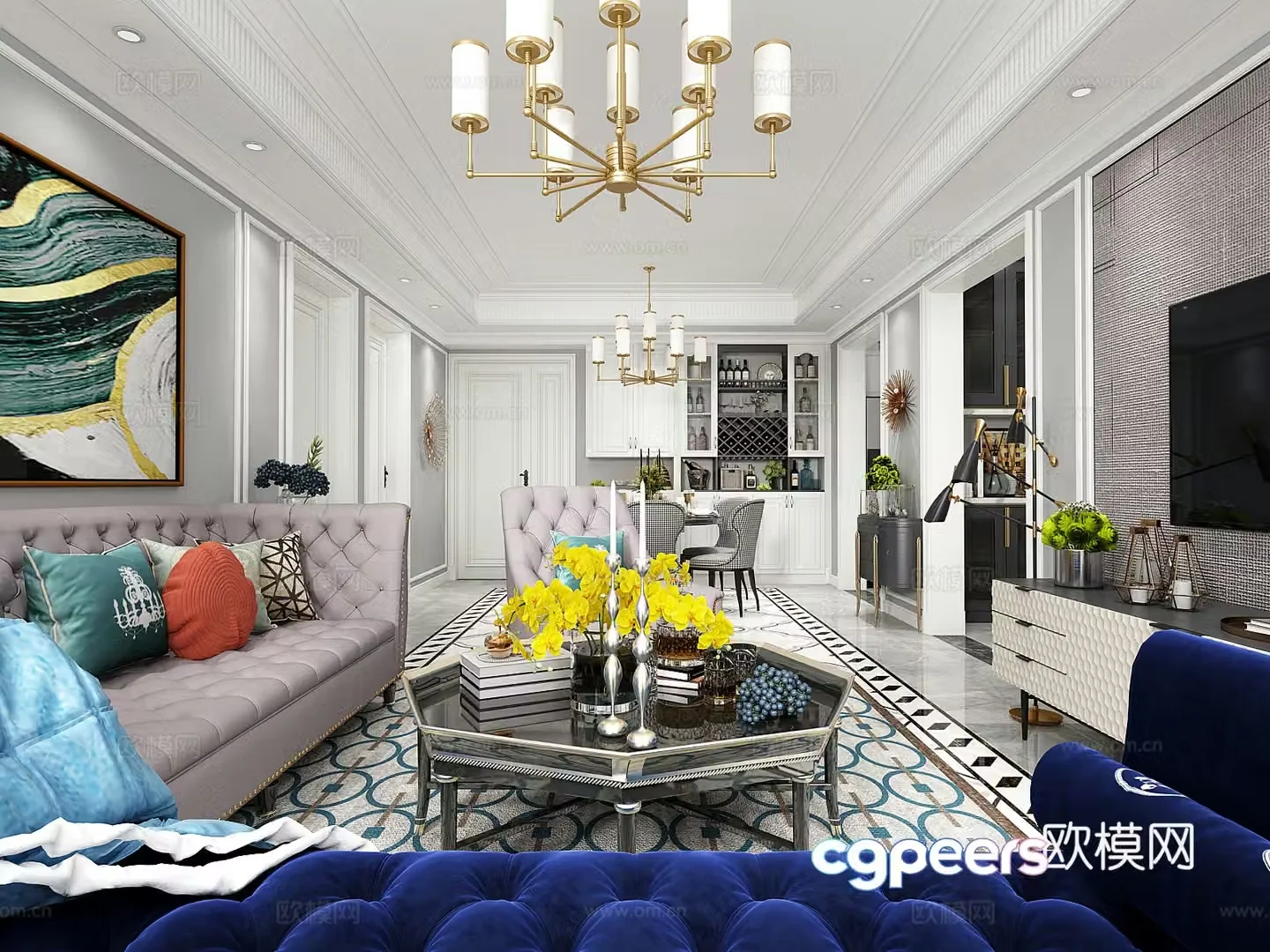 Simple European light luxury living and restaurant 3D model