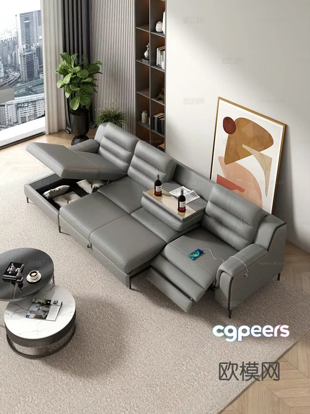 Modern simple home living room sofa and coffee table combination fabric sofa storage cabinet green plants ornaments 3D model