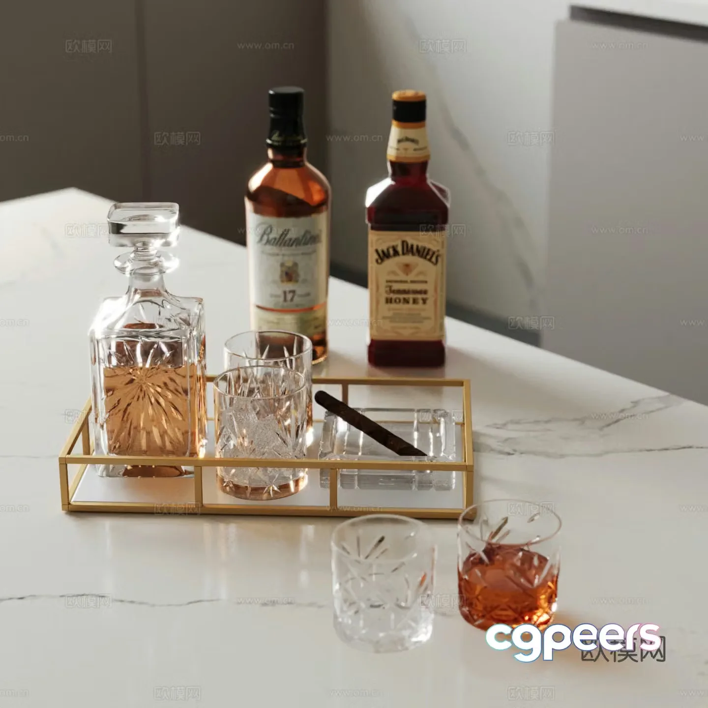 Modern tray water cup glass wine glass 3d model