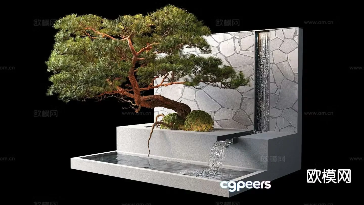 Outdoor flowing water sketch potted plant pine tree water feature 3D model